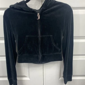 Juicy Couture Velour Full Zip Up Black Crop Hoodie Strass SPELLOUT Jacke XS - Bild 1 von 6