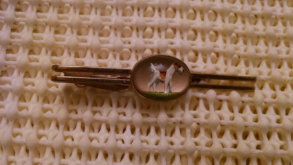Vintage Hand Painting under convex glass of Airdale Terrier Dog tie clip IHickok - Image 1 of 4