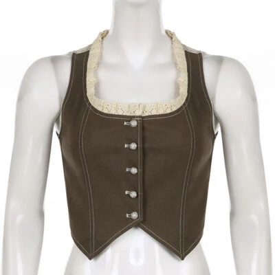 Women Crop Vest Waistcoat Gilet Sleeveless Top Lace Button Ruffle Retro New - Image 1 of 4