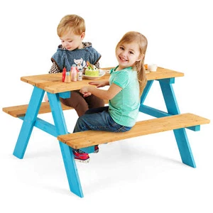 Kids Picnic Table Set Children Outdoor Wooden Table w/ Bench Seats Backyard - Picture 1 of 8