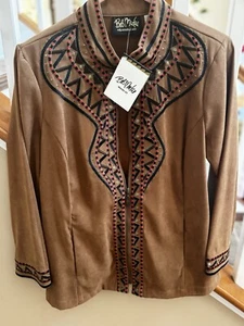 Chaqueta Blazer Bob Mackie Usable Arte Tostado Oscuro Imitación Gamuza Azteca Occidental Med Nueva con Etiquetas - Imagen 1 de 14
