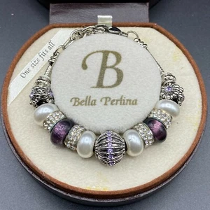 NIB Bella Perlina Purple Glass Freshwater Pearl Silver Bead Rhinestones Bracelet - Picture 1 of 6