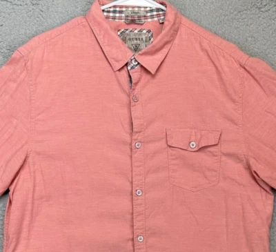 Guess Shirt Mens Large Logan Pink Button Up Regular Fit Flap Pocket Long Sleeve - Image 1 of 4