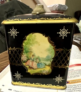 VTG SQUARE TIN METAL BLACK GOLD TRIM VICTORIAN SCENE APPLIED HANDLE - Picture 1 of 7