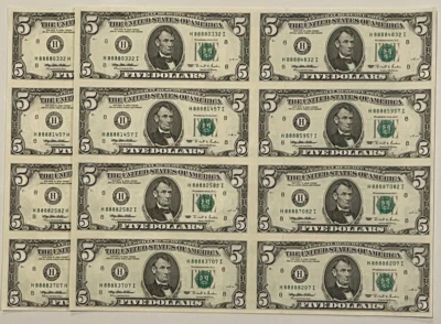 1995 $5 88880332 Matching HI HH Blocks Prosperity Sheets Lucky Money - Image 1 of 4