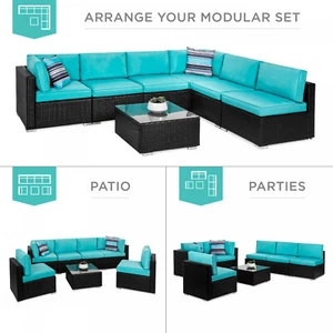 7-Piece Modular Black Teal Wicker Sectional Conversation Set w/ 2 Pillows Cover - Picture 1 of 8