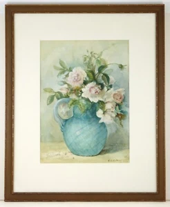 S.B. Culver Aquarell Stillleben mit weißen Rosen in blauem Krug antik gerahmt - Bild 1 von 7