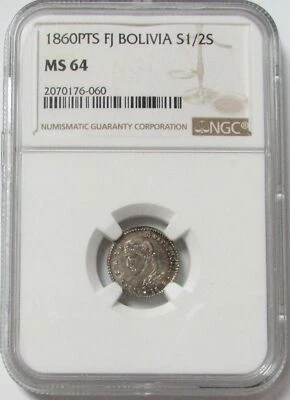1860 PTS FJ SILVER BOLIVIA 1/2 SOL LLAMAS COIN NGC MINT STATE 64 POTOSI MINT - Image 1 of 3