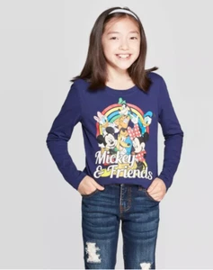 Girls' Mickey Mouse & Friends Rainbow Long Sleeve T Shirt Navy NWT Free Ship - Picture 1 of 3