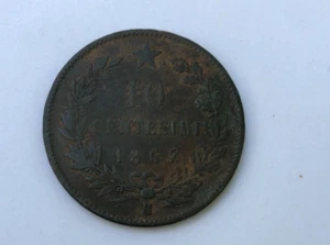 1867 H ITALY  Vittorio Emanuele II 10 Centesimi Bronze Coin  KM#11.3 - Picture 1 of 4