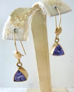 14K Yellow Gold Trillion-Cut Tanzanite 1" Drop Earrings 2.9grams  1.1TCW - Picture 1 of 3