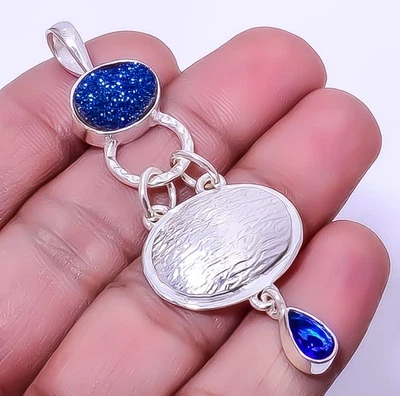 Colgante de plata 925 simulado de zafiro azul y ágata azul titanio 2,54" P76 Foto 1 de 4