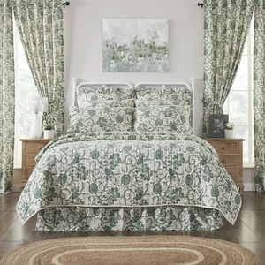 Quilt Dorset Green Floral Queen Farmhouse 90Wx90L Cotton Flax Bedding VHC Brands - Picture 1 of 5