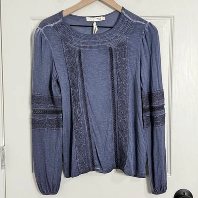 Blusa MAX Mujer Azul Mediana Bohemia Hippie Detalle Crochet Manga Larga Foto 1 de 4