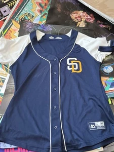 MLB San Diego Padres Women's Large Majestic Fan Fashion Navy / White Jersey - Picture 1 of 2