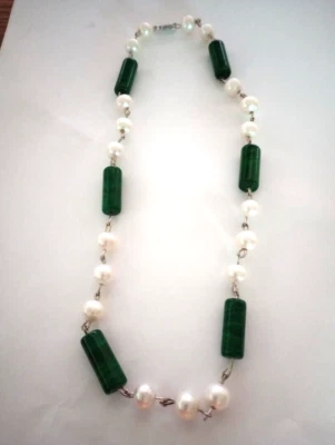 Винтажный серебро малахит жемчуг ошейник ожерелье 17,5 зеленый белый - Изображение 1 из 3