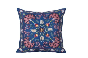 Almohada bordada Suzani azul real seda sobre seda - Imagen 1 de 4