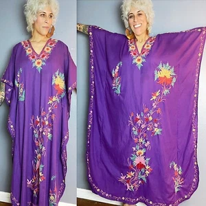 ROYAL PURPLE 70’s 70s Corded Embroidery Embroidered Vintage Caftan Kaftan Dress - Picture 1 of 10
