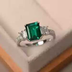 Anillo de boda de diamantes esmeralda natural talla esmeralda de 3,50 quilates de oro blanco macizo de 14 K - Imagen 1 de 7