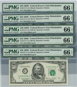 Fr. 2117-C $50 1969C Federal Reserve Note Philadelphia 5 Consecutive 66 EPQ PMG - Picture 1 of 2