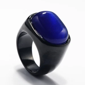 Blue Opal Stone Black Signet Ring Stainless Steel Men Women Jewelry Size 7-13 - Picture 1 of 2