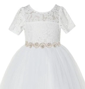 Floral Lace Flower Girl Dress Communion Dress Rhinestone Vintage Lace Dresses - Picture 1 of 21