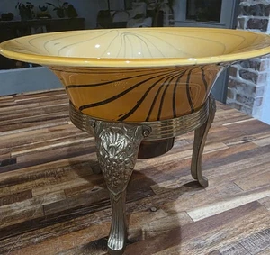 Vintage Bombay Co. Amber Black Tiger Handblown Bowl Brass Stand Retired Yellow - Picture 1 of 9