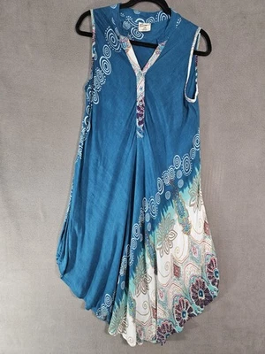 Exist 领带染料刺绣波西米亚连衣裙 L/XL 无袖蓝绿色 V 领透明流畅 — 第 1/4 张图片