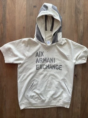 Vintage Y2k Armani Exchange A/X Short Sleeve Hoodie Mens Medium Cream 00s Grunge - Image 1 of 4