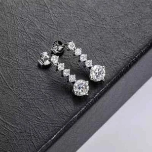 2Ct Round Cut Lab Created Moissanite Dangle/Drop Earrings 14k White Gold Plated - Picture 1 of 6