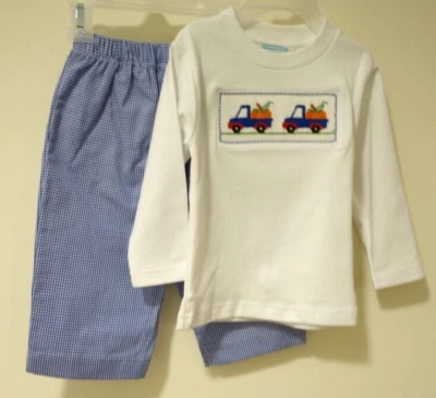 NWT Southern Sunshine Pumpkins In Trucks Smocked  Outfit Boy's Size 12 Months - Image 1 of 3