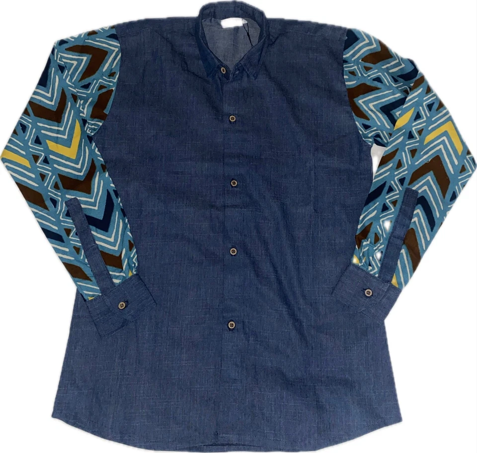 chemise homme tissu wax jeans / chemise africaine homme manches longues coton - Photo 1/4