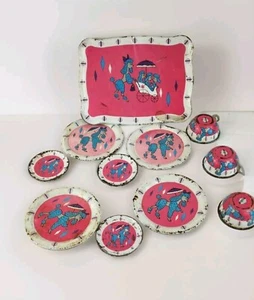 Vintage Tin Litho Ohio Art Tea Cup Saucer PINK Poodle Mini Kids Set Of 11  - Picture 1 of 9