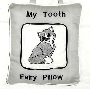 Tooth Fairy Pillow Gray Kitty Cat embroidered on Gray Cotton C4 New Handmade