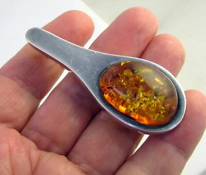 Estate Vintage Unusual Artistic Sterling Silver Large Oval Amber Brooch Pendant  - Picture 1 of 4