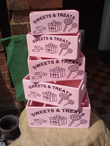 SALE! Gorgeous pastel pink painted wooden storage boxes with Sweets and Treats - Picture 1 of 3