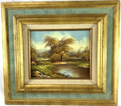 Винтажная картина маслом пейзаж ручей с автографом STARR в рамке 18x16 - Изображение 1 из 4