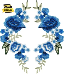 , 1 Pair Blue Rose Embroidery Patch Beautiful Flowers Embroidered Applique Patch - Picture 1 of 9