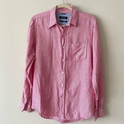 Nautica Linen Blend Pink Stripes Casual Button Down Shirt size S - Image 1 of 4