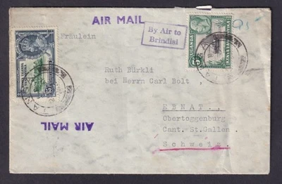 Correo aéreo británico KUT 1935 Tanga a Suiza. Via Brindisi 5cx2 + Jubilee 20c + 65c Foto 1 de 2