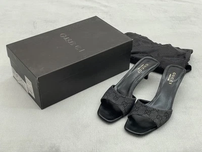 Gucci Mules Women Size 9 Black GG Monogram Denim Heels Box Dust Bag Italy - Image 1 of 4