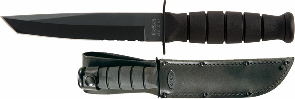 Ka-Bar Serrated Tanto Knife with Leather Sheath, Black, Short