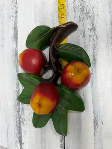Vintage Chalkware Obst Plakette 3D Relief Äpfel auf einem Ast Retro MCM Wanddeko - Bild 1 von 6
