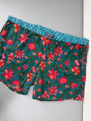 Bermuda Sundance feminina XXL laranja azul-petróleo leia floral 100% algodão casual cintura alta - Imagem 1 de 4