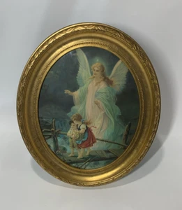 De colección Ovalado Burnes of Boston Marco Dorado Ángel de la Guarda Cuadro Decoración de Pared 12"x 10" - Imagen 1 de 3