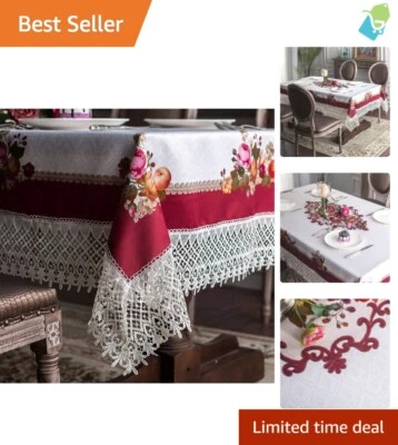 Elegant Burgundy Table Cover 60" x 84" with Lace & Embroidery – Machine Washable - Image 1 of 4