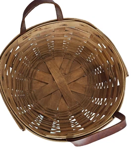 19th Century Round Handwoven Basket 6x12 Country Folk Leather Handles (See Flaw) - Picture 1 of 7