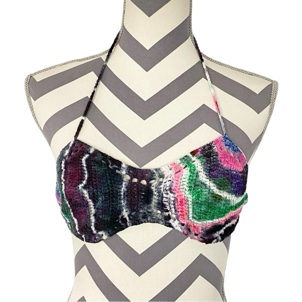 Handmade Crochet Knit Bralette Womens Size Small Adjustable Gray Pink Halter - Imagem 1 de 4