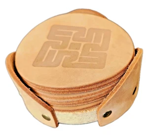 Handcrafted Embossed Leather Circular Coasters w/Cork & Leather Stand 7 Pc Set - Bild 1 von 11