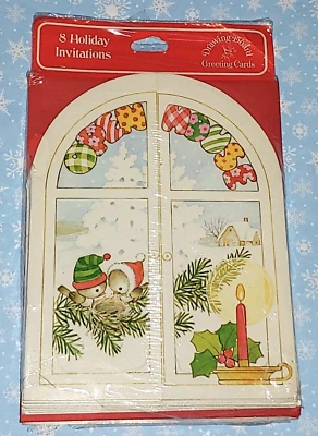 Prancheta de desenho vintage pássaros nevados janela convites de Natal 8 quilates Selado Pkg - Imagem 1 de 4
